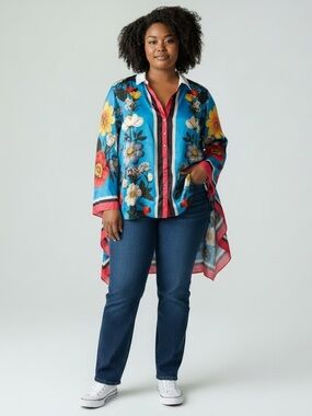 Aratta Floral Print Blue Button-Up Tunic